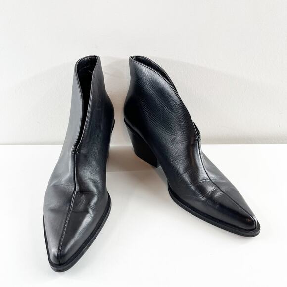 Zara V-Vamp Leather Pointed Toe Block Heel Ankle Booties Black 39 / 9 - Picture 3 of 8